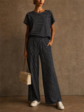 Womens Striped 2 Piece Matching Short Sleeve Wide Leg Pants Set