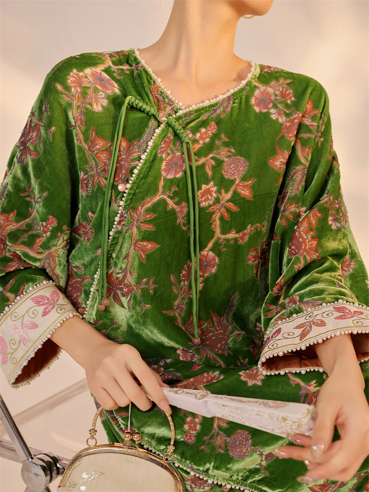 Chinese Style 3/4 Sleeve Retro Jacquard Beads Split Dress for Women