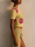 Women Yellow Cherry Print Y2K Short Sleeve Slim Crop Top