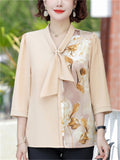 Elegant Flower Print Tie-Neck 3/4 Sleeve Top for Women