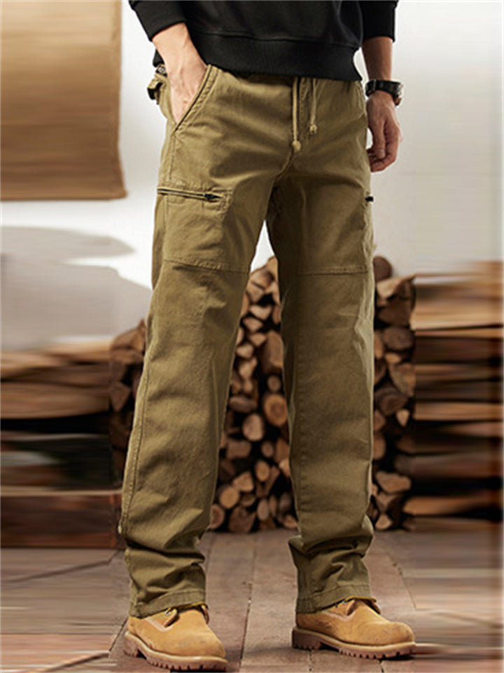 Men's Autumn Outdoor Cotton Drawstring Loose Fit Cargo Pants with Multi-Pockets
