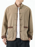 Men's Corduroy Chinese Style Tang Mandarin Collar Jacket with Contrast Trim