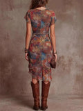 Womens Boho Floral Ruched High Slit V Neck Midi Dress