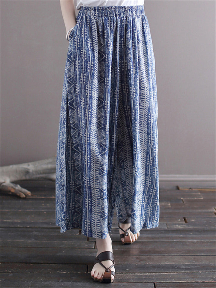 Women's Summer Blue Ethnic Style Printed Elastic Waist Wide Leg Pants