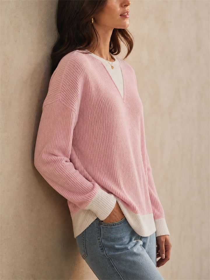 Women Loose Ribbed Color Block Pullover Casual Sweatshirts