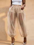 Women High Waist Sheer Mesh Lantern Pants Pleated with Shorts