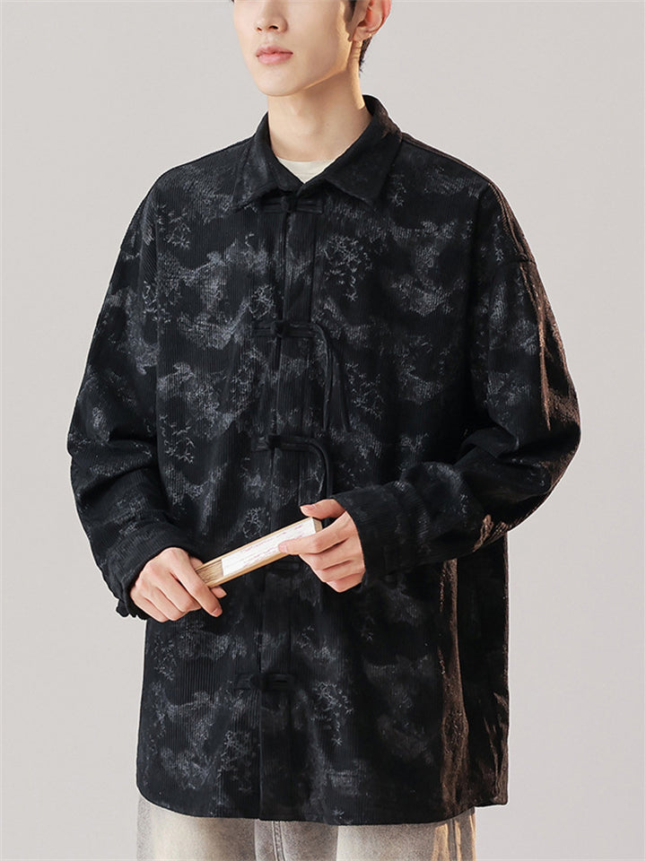 Chinese Style Men's Corduroy Texture Lapel Long Sleeve Shirts