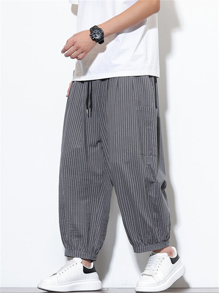Men's Summer Casual Striped Wide Leg Beach Cropped Pants