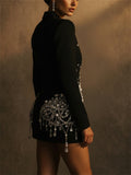 Women Black Rhinestone Sequins Fringe Blazer Mini Dress