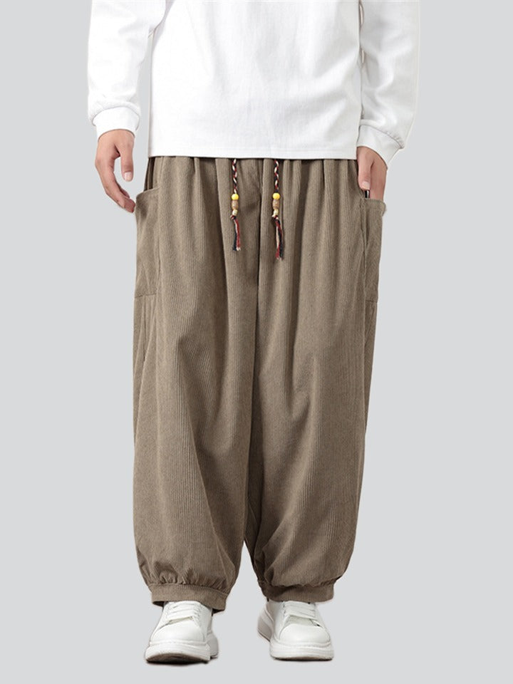 Loose Fit Braided Drawstring Corduroy Pants for Men