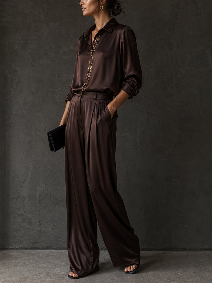Women 2 Piece Chian Decor Brown Satin Shirt and Wide Leg Pants Set