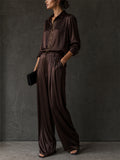 Women 2 Piece Chian Decor Brown Satin Shirt and Wide Leg Pants Set