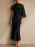 Womens Elegant Chiffon Capelet Overlay Wedding Guest Midi Dress