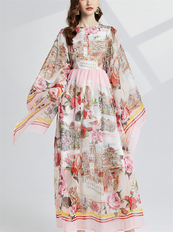 Women's Elegant Round Neck Print Flare Sleeve Maxi Dress