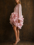 Women Pink Shiny Tiered Ruffle Long Sleeve Party Mini Dress