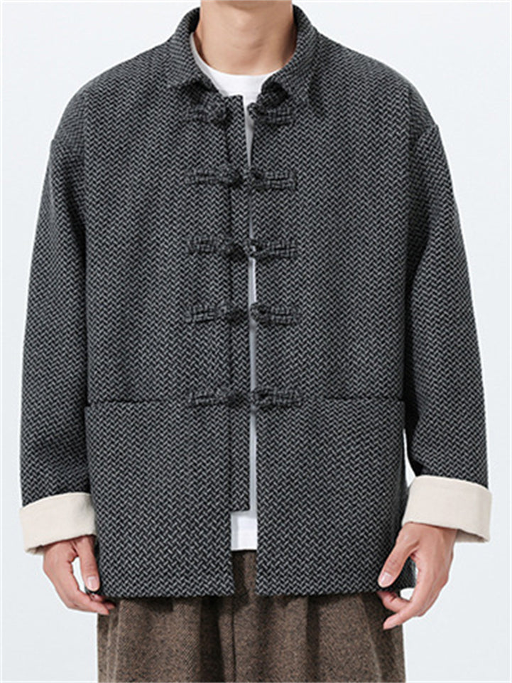 Men's Autumn Chinese Style Solid Color Geometric Texture Tangsuit Jackets