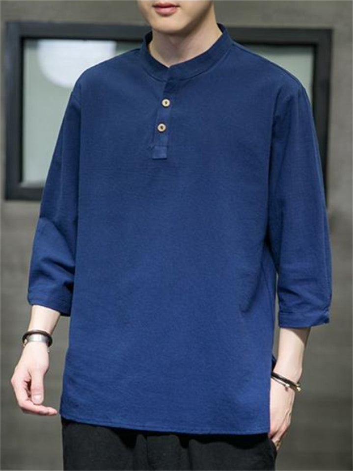 Men's Vintage Summer Solid Color 3/4 Sleeve Stand Collar Shirts