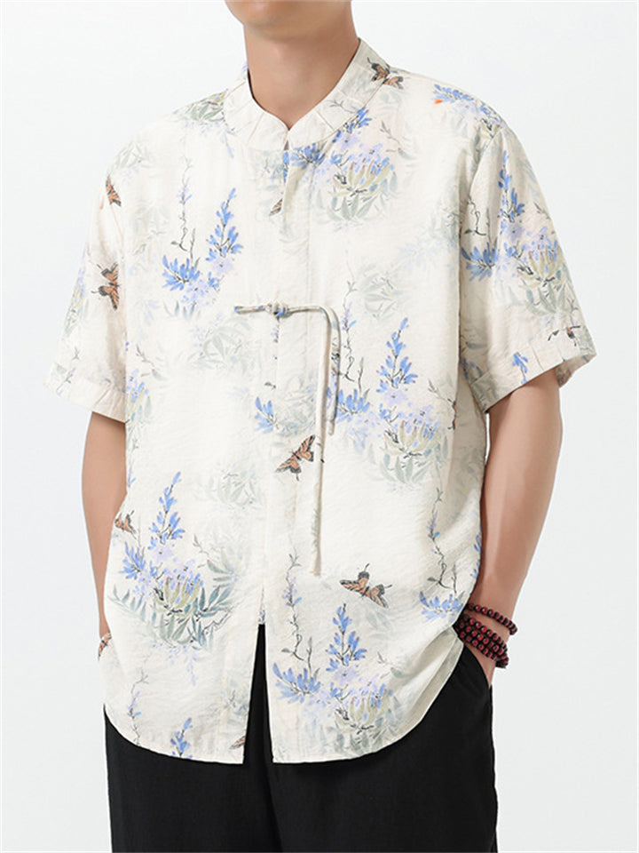 Cool Chinese Style Printed Half Sleeved Linen Shirts for men