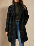 Women Plaid Wool Blend Long Lapel Single Breasted Overcoat