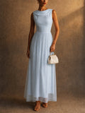 Women Cowl Neck Tulle Sleeveless Midi Gown Dress