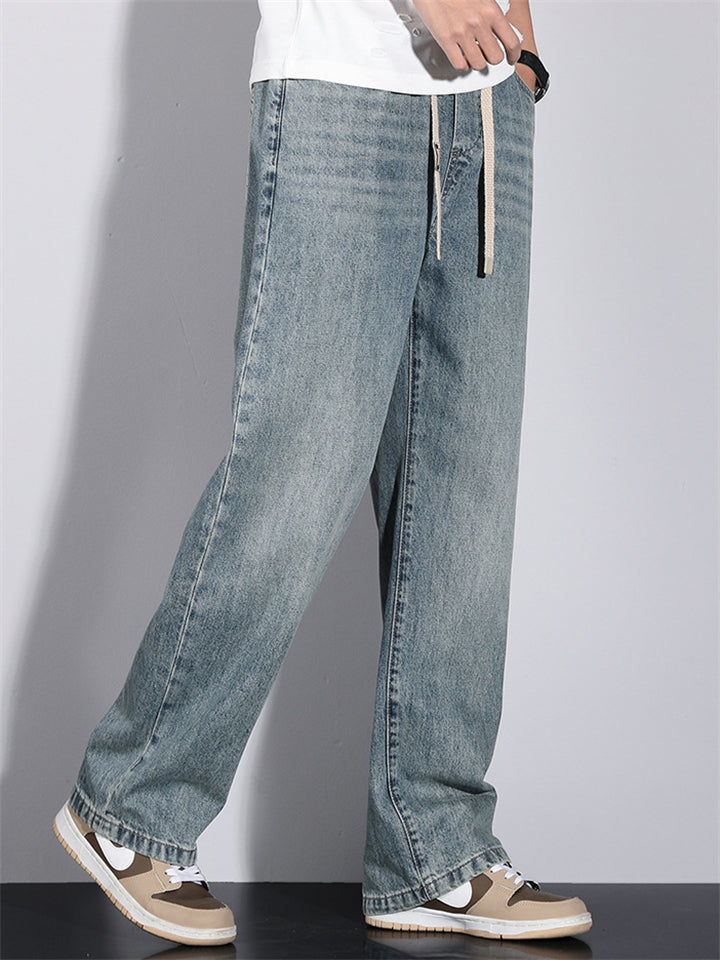 Men's Retro High Street Fashion Elastic Waist Drawstring Wide-Leg Straight Jeans