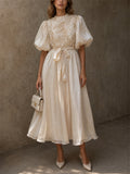 Women Elegant Shiny Puff Sleeve Smocked Maxi Party Dress