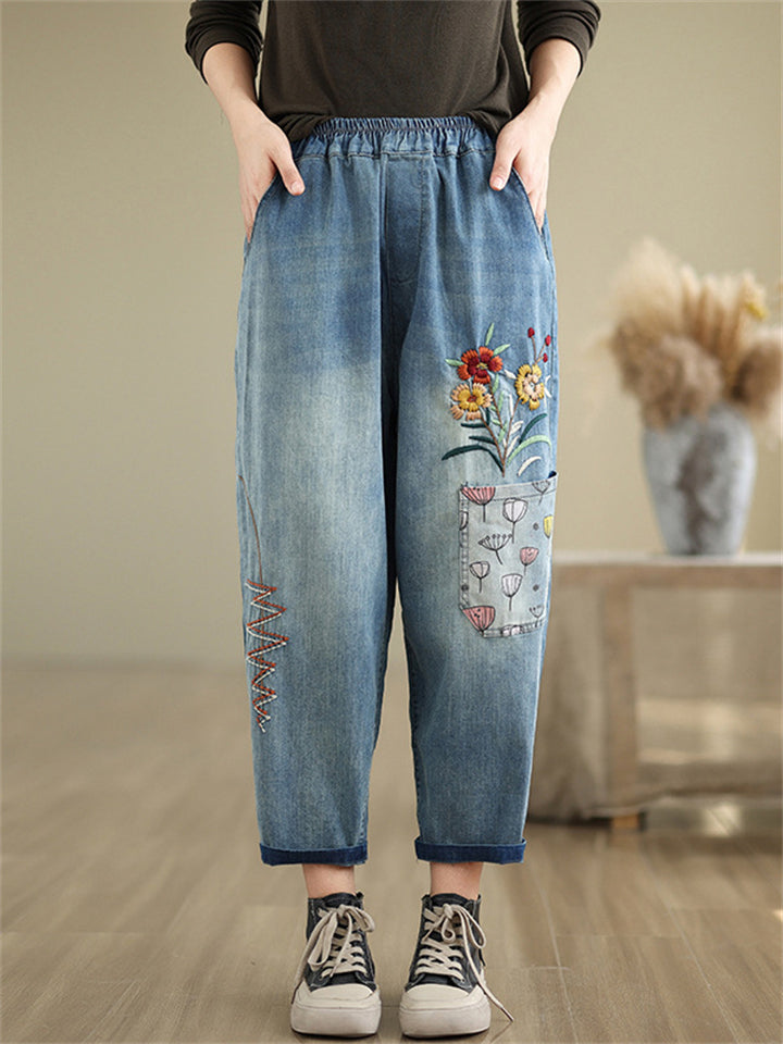 Loose Elastic Waist Flower Embroidery Cropped Jeans for Women