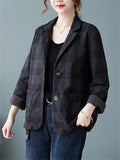 Women's Casual Retro Long Sleeve Plaid Suit Collar Jacket