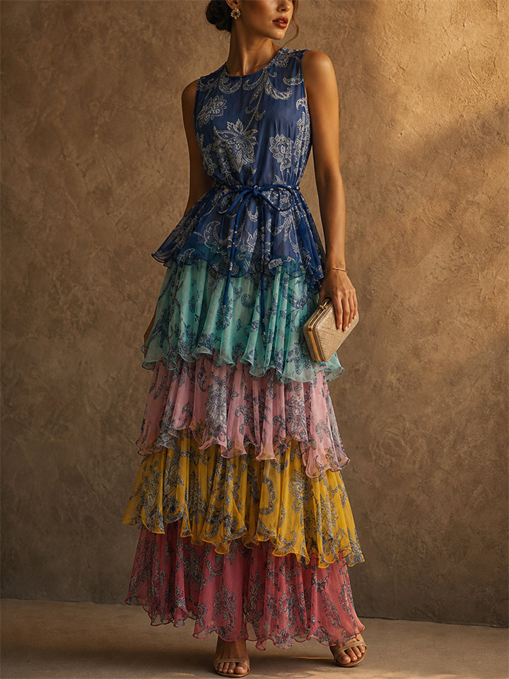 Women Boho Sleeveless Floral Multi Color Tiered Maxi Dress