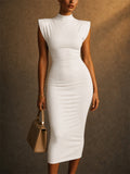 Women Trendy Shoulder Pad Mock Neck Bodycon Midi Dress