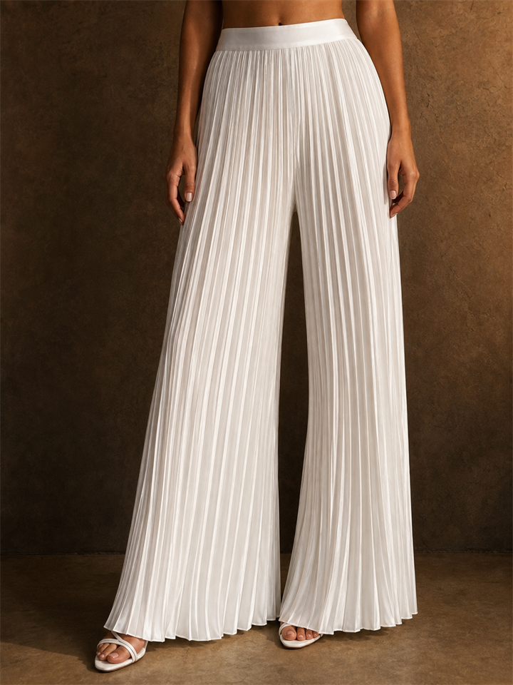 Women Satin Pleated Wide Leg High Waist Palazzo Pants