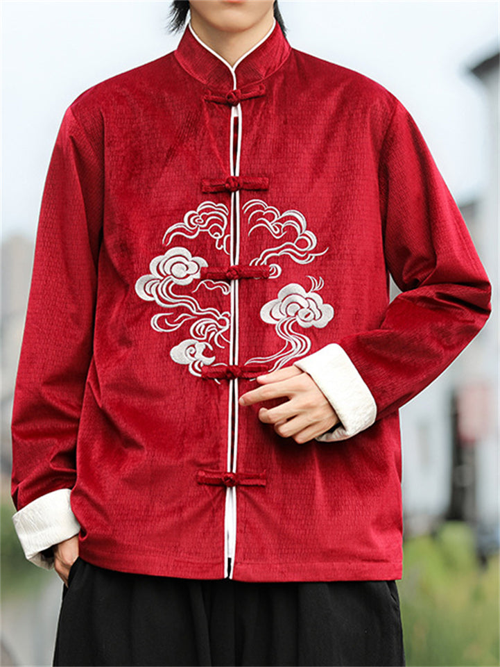Men's Corduroy Chinese Style Jacket with Cloud Embroidery and Knot Buttons