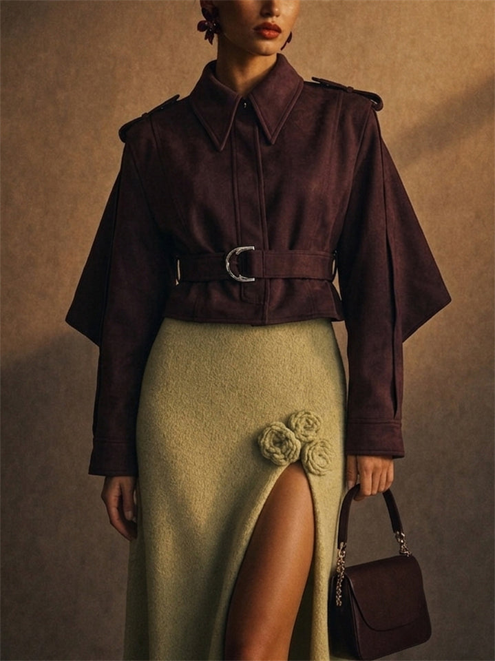Women Elegant Autumn Vintage Cape Back Belted Cropped Jacket