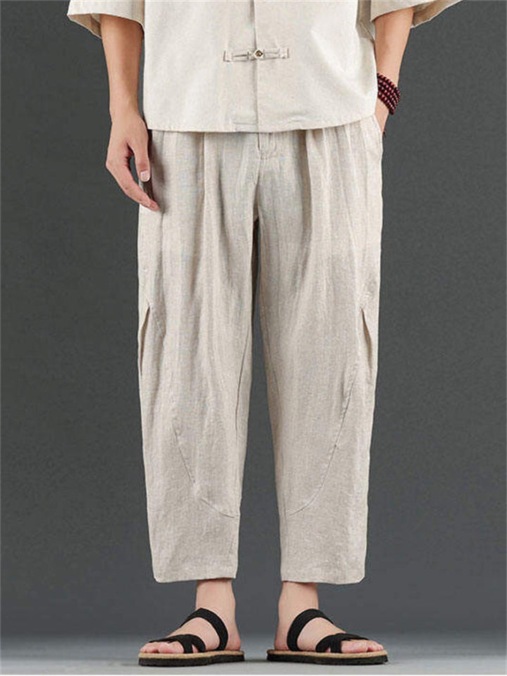 Men's Simple Chinese Style Solid Color Linen Straight Cropped Pants