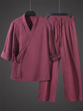 Men's Casual Solid Color 3/4 Sleeve Lace Up Half Sleeve Outfits