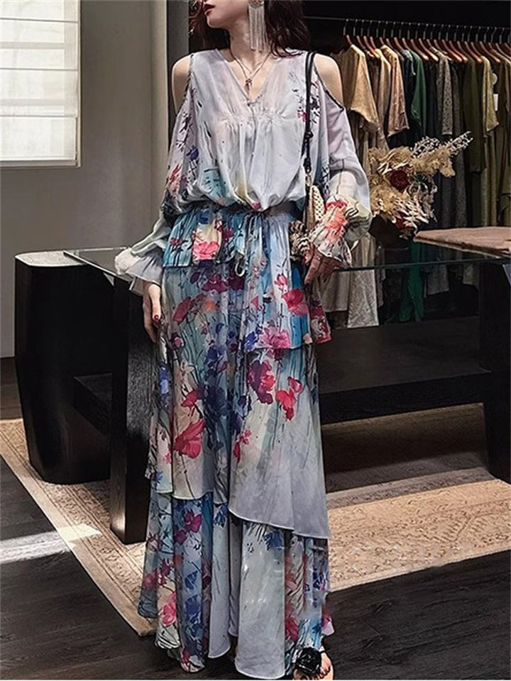 Women's Elegant Print  Shoulder Cut Long Sleeve Shirt & Strap Dress