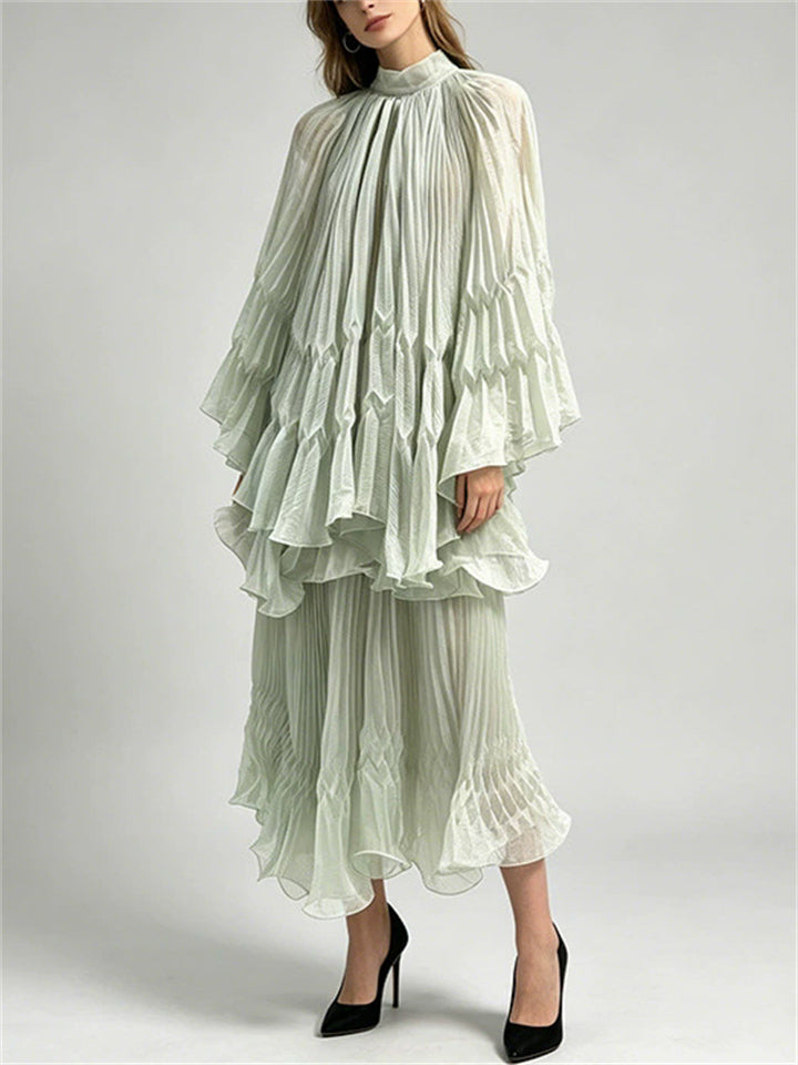 Womens Elegant High Neck Pleated Flare Sleeve Top and Tiered Maxi Skirt Set