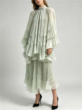 Womens Elegant High Neck Pleated Flare Sleeve Top and Tiered Maxi Skirt Set