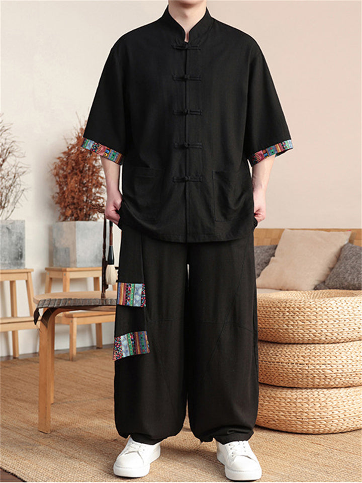 Chinese Ethnic Style Button Linen Tops and Wide Leg Pants Set for Men