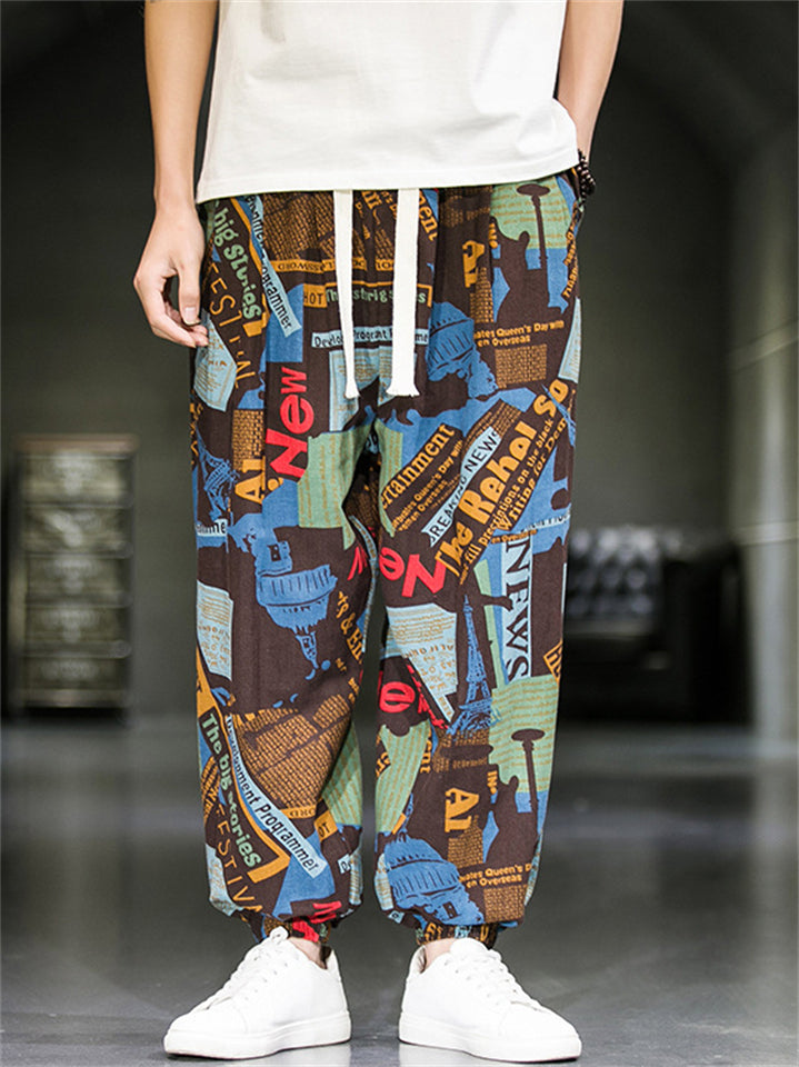 Men's Summer Trendy Print Drawstring Harem Lantern Pants
