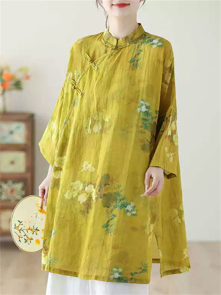 Women's Chinese Style Yellow Printed Slant Placket Qipao Shirts
