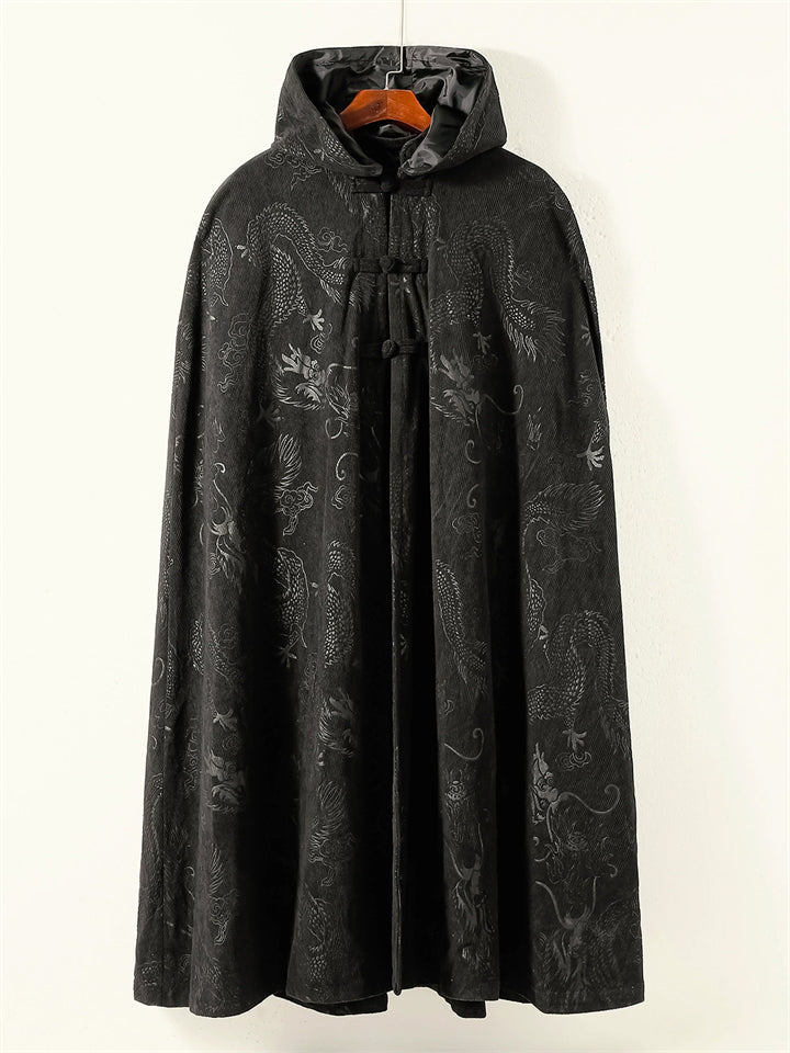 Men's Chinese Style Black Jacquard Corduroy Hooded Cloak Robe Jackets