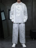 Oriental Leaf Pattern Lapel Shirt and Loose Elastic Waist Pants Set for Men