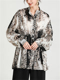 Lady Button Up Lantern Sleeve Printed Satiny Shirts