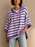 Womens Striped Knit Loose Fit Hooded Sweater