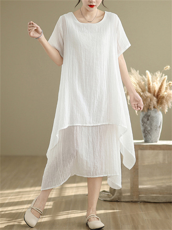 Women's Casual Solid Color Round Neck Double-layer Big Hem Midi Dress