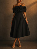 Women Trendy Off Shoulder 3D Floral Midi A Line Party Dress