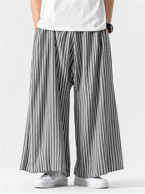 Men's Chinese Style Cotton Striped Wide Leg Pants with Strap