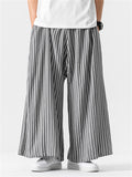 Men's Chinese Style Cotton Striped Wide Leg Pants with Strap