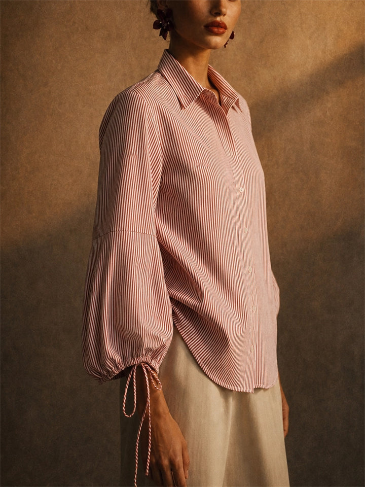 Women Red Striped Button Down Lantern Puff Sleeve Blouse